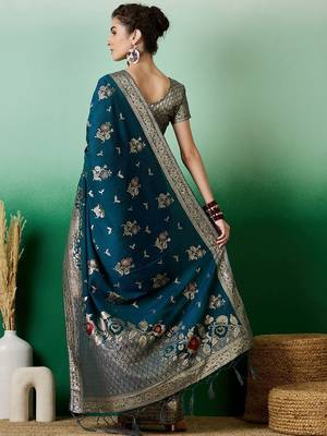 Teal ethnic motif zari woven tassel detail kanjeevaram saree with blouse 4