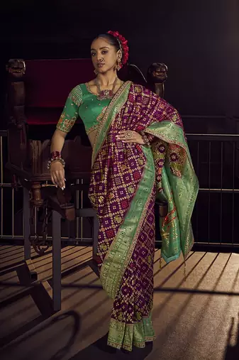 wine viscose dola silk blend zari mirror & heavy embroidery work saree
