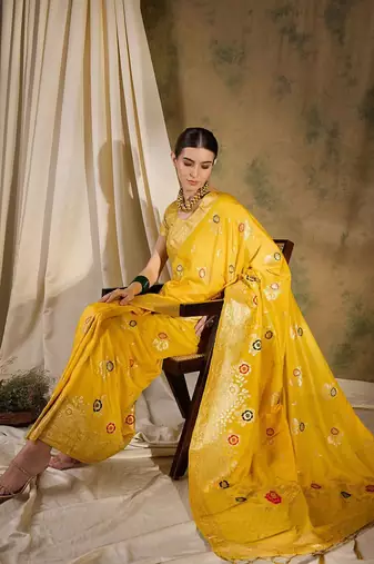 Yellow ethnic motif zari woven tassel detail kanjeevaram saree