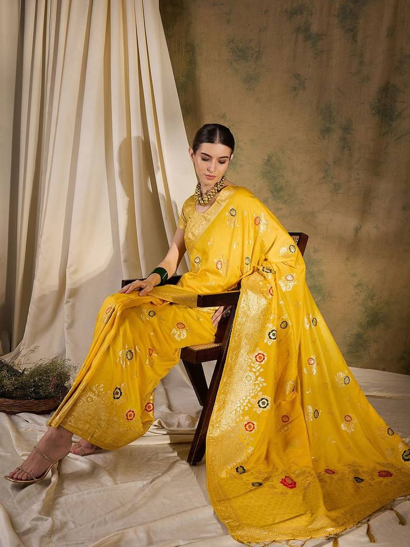 Yellow ethnic motif zari woven tassel detail kanjeevaram saree