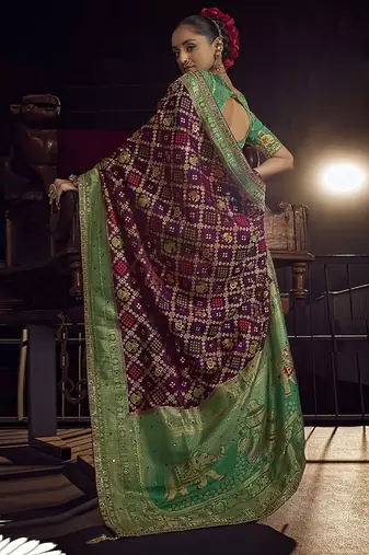 wine viscose dola silk blend zari mirror & heavy embroidery work saree
