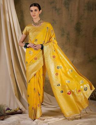 Yellow ethnic motif zari woven tassel detail kanjeevaram saree 2