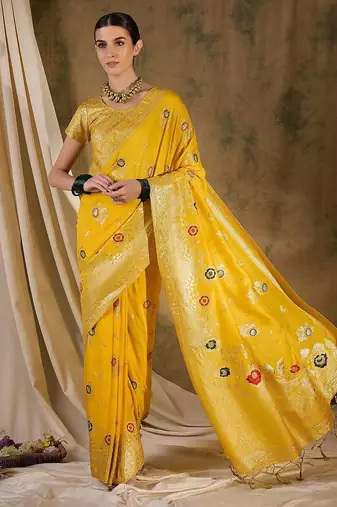 Yellow ethnic motif zari woven tassel detail kanjeevaram saree