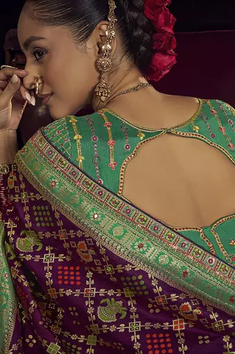 wine viscose dola silk blend zari mirror & heavy embroidery work saree