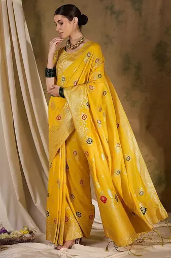 Yellow ethnic motif zari woven tassel detail kanjeevaram saree