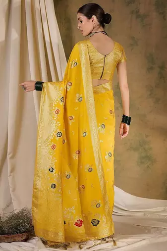 Yellow ethnic motif zari woven tassel detail kanjeevaram saree