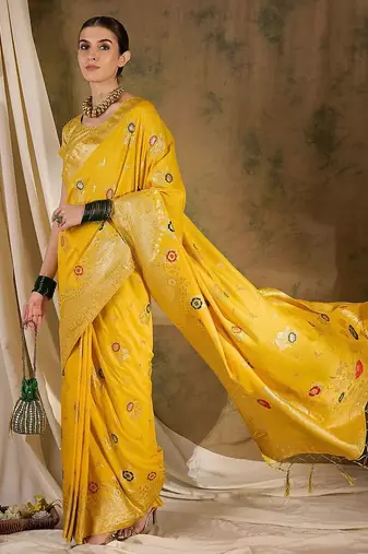 Yellow ethnic motif zari woven tassel detail kanjeevaram saree