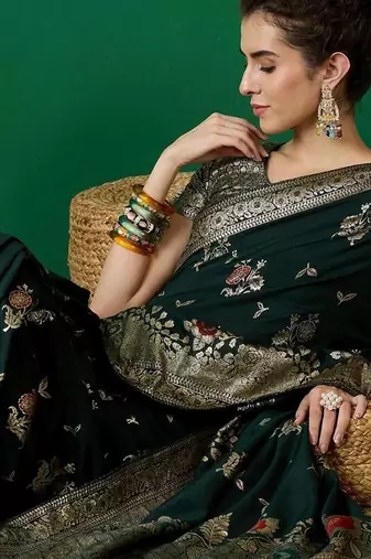 Green ethnic motif zari woven tassel detail kanjeevaram saree