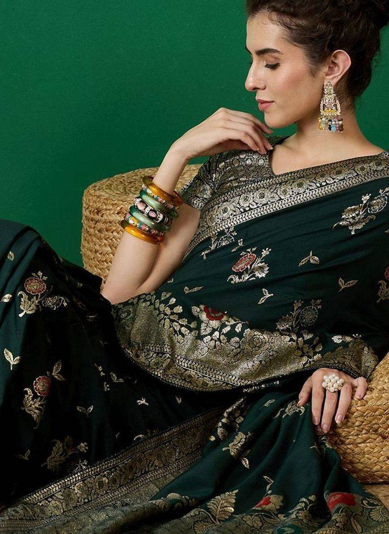 Green ethnic motif zari woven tassel detail kanjeevaram saree