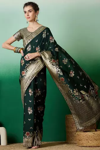 Green ethnic motif zari woven tassel detail kanjeevaram saree