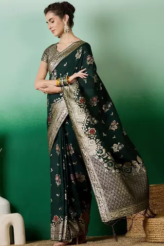 Green ethnic motif zari woven tassel detail kanjeevaram saree
