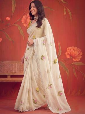 Off white floral mirror work poly georgette saree 1