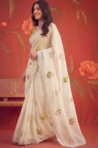 Off white floral mirror work poly georgette saree