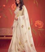 Off white floral mirror work poly georgette saree