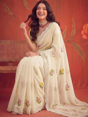 Off white floral mirror work poly georgette saree 2