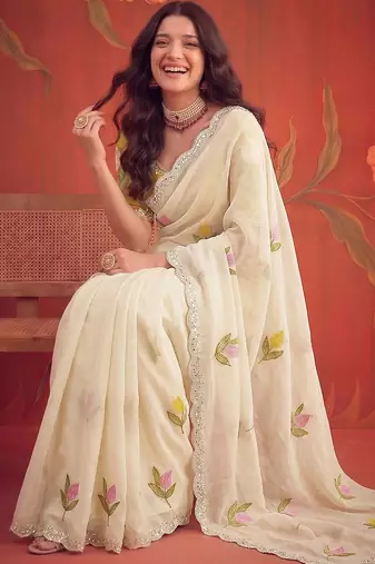 Off white floral mirror work poly georgette saree