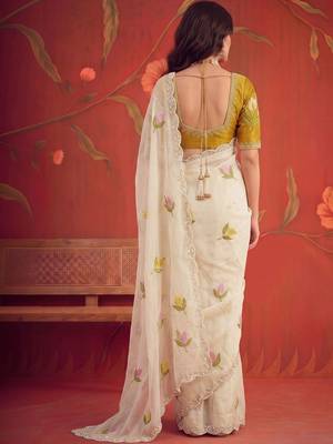 Off white floral mirror work poly georgette saree 3