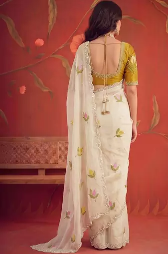 Off white floral mirror work poly georgette saree