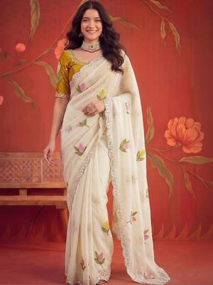 Off white floral mirror work poly georgette saree 4