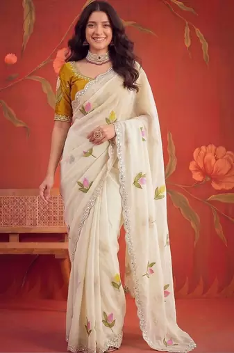 Off white floral mirror work poly georgette saree