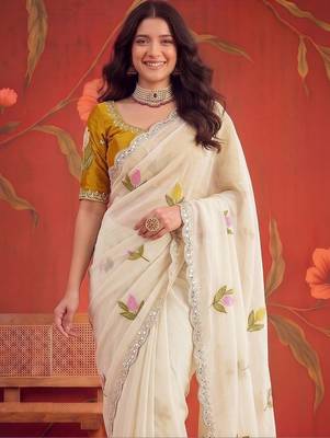 Off white floral mirror work poly georgette saree 5