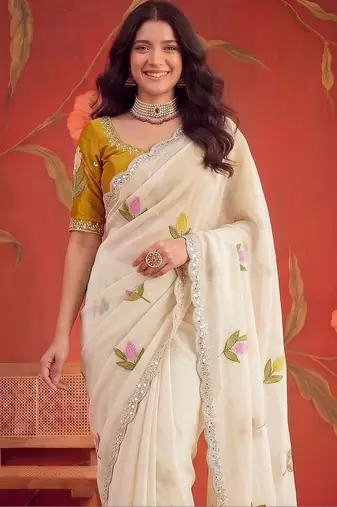 Off white floral mirror work poly georgette saree