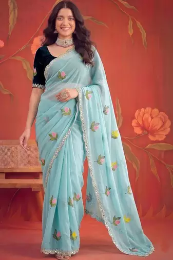 Turquoise floral mirror work poly georgette saree