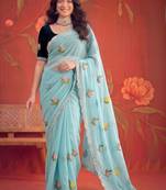 Turquoise floral mirror work poly georgette saree
