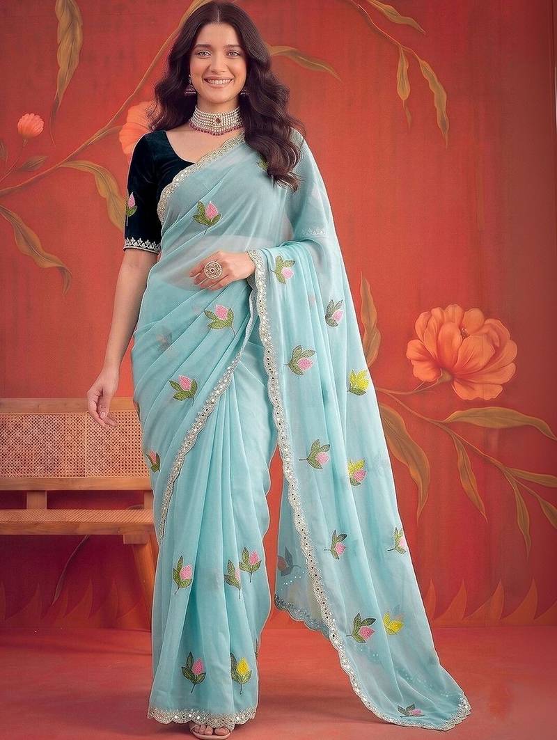 Turquoise floral mirror work poly georgette saree