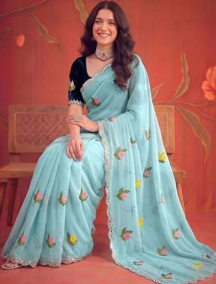 Turquoise floral mirror work poly georgette saree 2