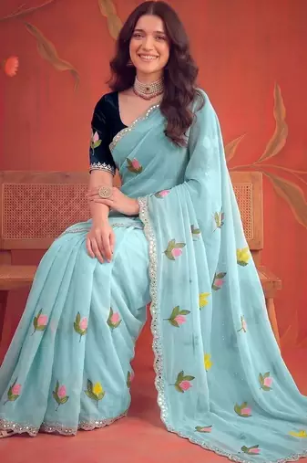 Turquoise floral mirror work poly georgette saree