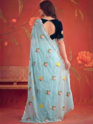 Turquoise floral mirror work poly georgette saree 3