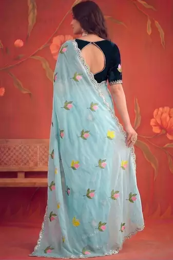 Turquoise floral mirror work poly georgette saree