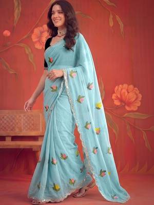Turquoise floral mirror work poly georgette saree 4