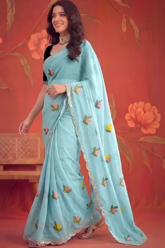 Turquoise floral mirror work poly georgette saree