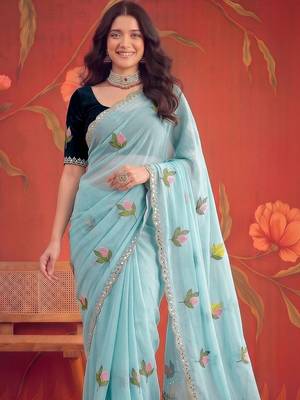 Turquoise floral mirror work poly georgette saree 5