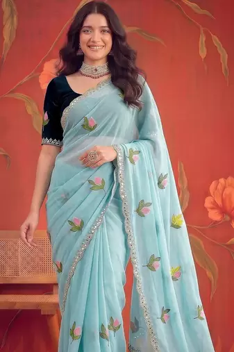 Turquoise floral mirror work poly georgette saree
