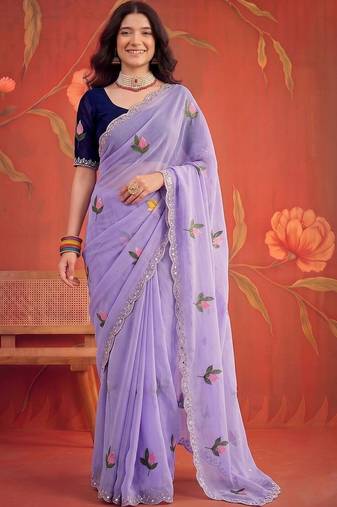 Lavender floral mirror work poly georgette saree