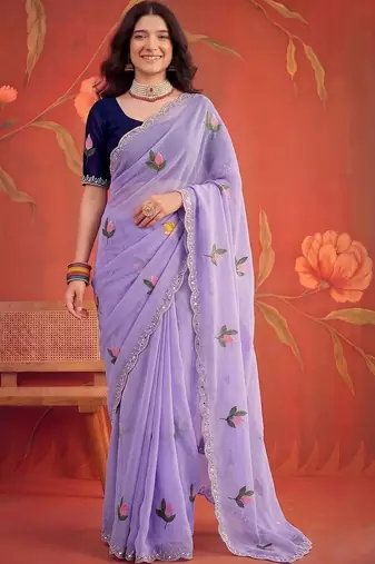 Lavender floral mirror work poly georgette saree