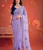 Lavender floral mirror work poly georgette saree