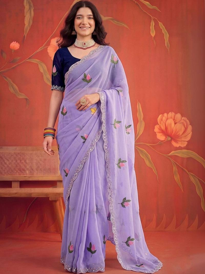 Lavender floral mirror work poly georgette saree
