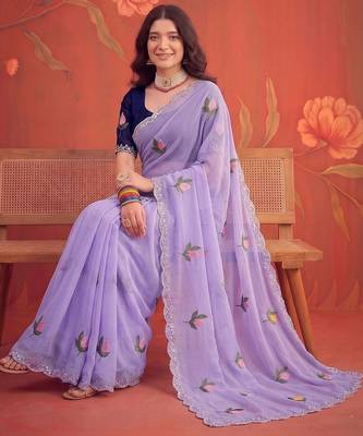 Lavender floral mirror work poly georgette saree 2