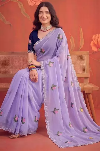 Lavender floral mirror work poly georgette saree