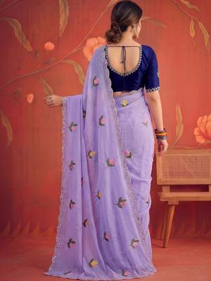Lavender floral mirror work poly georgette saree 3