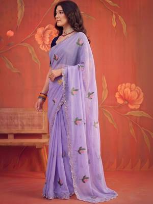 Lavender floral mirror work poly georgette saree 4