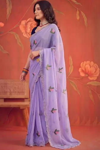 Lavender floral mirror work poly georgette saree