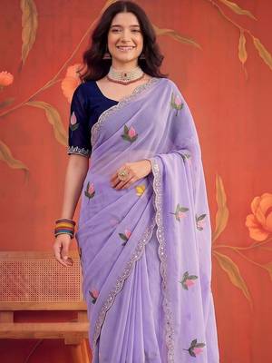 Lavender floral mirror work poly georgette saree 5