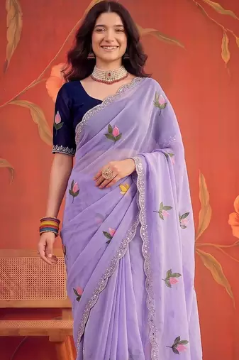 Lavender floral mirror work poly georgette saree