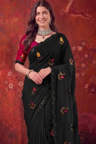 Black floral embroidered poly georgette saree