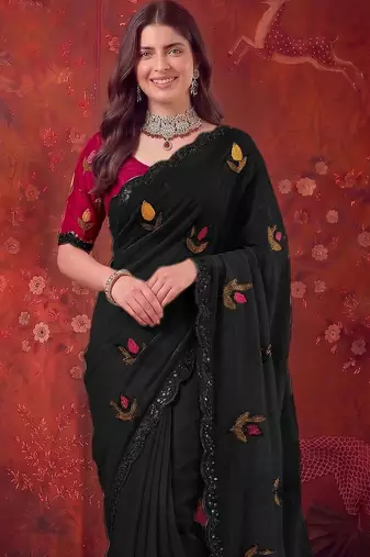 Black floral embroidered poly georgette saree